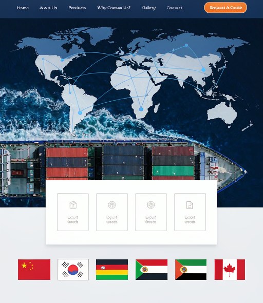海外贸易模板整站截图：深蓝世界地图航线主视觉、出口产品四宫格与国旗条